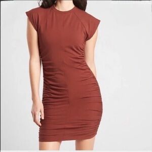 Athleta women’s medium 8 10 dress apres Burgundy red mini knee  stretch ruche